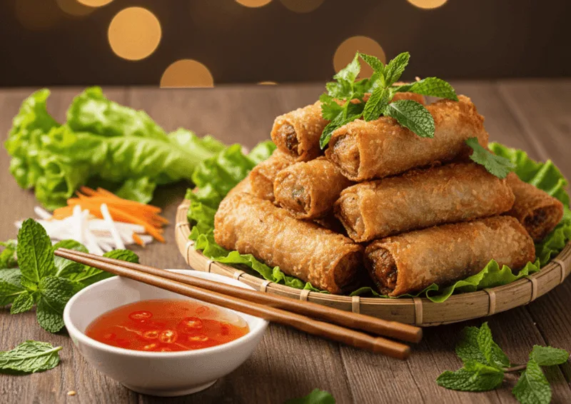 Thưởng thức chả giò chay nóng hổi cùng rau sống tươi xanh và chén nước mắm chay chua ngọt chuẩn vị.