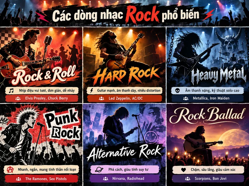 Qua nhiều thập kỷ phát triển, Rock đã hình thành nhiều nhánh khác nhau như Hard Rock, Heavy Metal, Punk Rock và Alternative Rock.